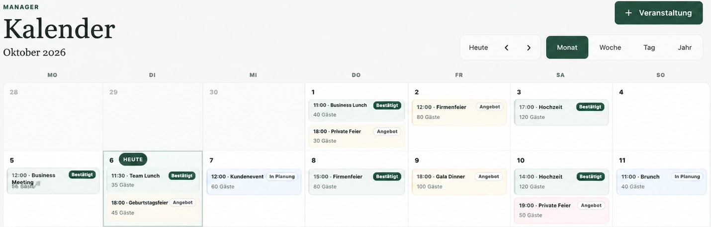 CateringFlow Kalender im Oktober 2026 mit Veranstaltungsstatus, Uhrzeit und Gästezahl