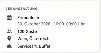 Veranstaltungsdaten der Beispielanfrage: Firmenfeier, 120 Gäste, Wien und Buffet